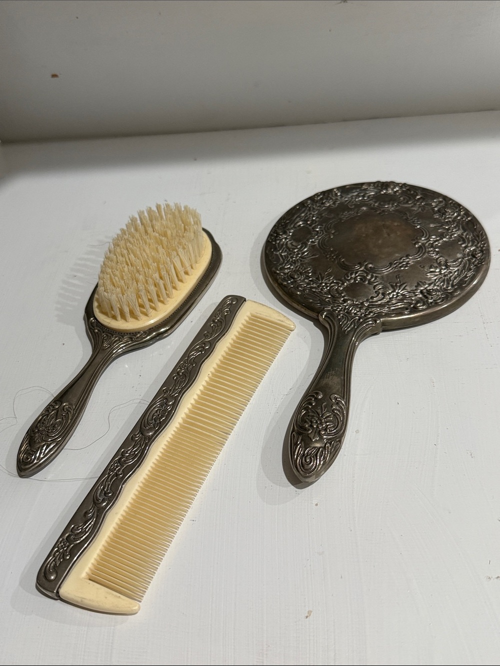 Silver Plated Vanity Dresser Set Hand Mirror, Cream Brush & Comb